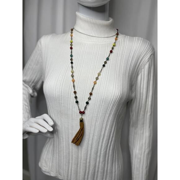 Chico's beaded pendant tassel necklace signed costume jewelry neutral natural - Picture 5 of 12